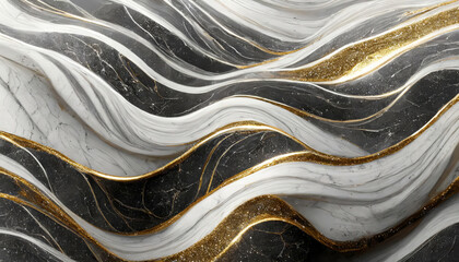 Abstract wavy white, black and grey dynamic fluid agate marble with thin gold veins, swirls,...