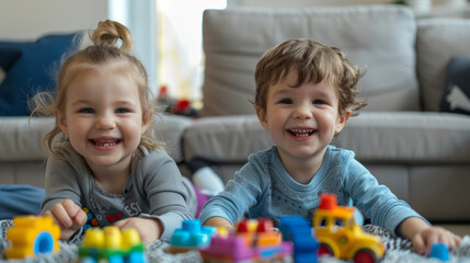 Two young children are laying on the floor, smiling and playing with Legos