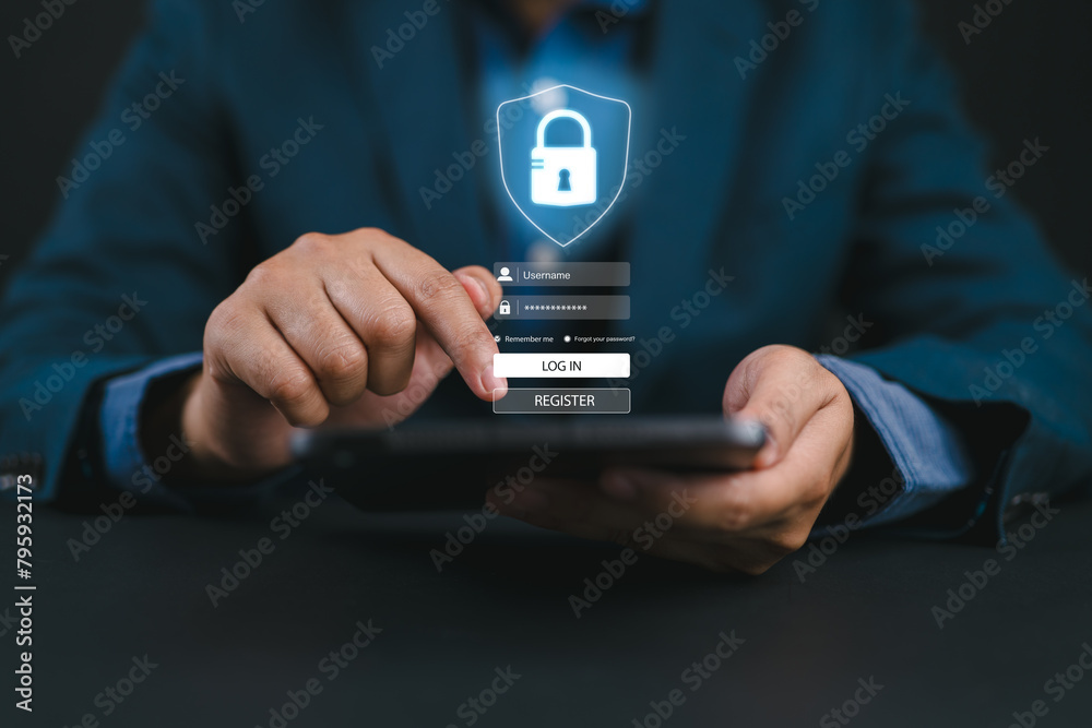 Fototapete Cybersecurity and privacy concepts to protect data. Lock icon and internet network security technology. Businessman protecting personal data on smartphone, virtual screen interfaces. cyber security.