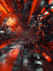 A red and black tunnel with a lot of black and red shapes