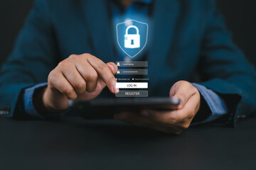 Cybersecurity and privacy concepts to protect data. Lock icon and internet network security technology. Businessman protecting personal data on smartphone, virtual screen interfaces. cyber security.