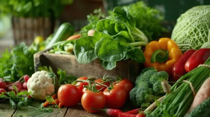 Assortment of fresh organic vegetables on a wooden table, AI generated image.