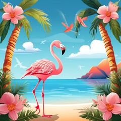 summer beach with tropical trees and flamingo, summer vacation,