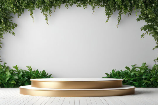 Podio da palco per la presentazione di prodotti erboristici, cosmetici e altro, con il lusso di un podio a più livelli in bianco e oro sullo sfondo con decorazioni di cornici di piante rampicanti che 