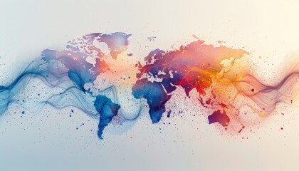 A watercolor painting of the world map with flowing colorful lines.