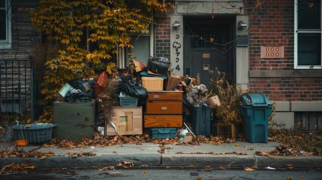 Overflowing trash in front of a townhouse - An impactful real-life scene of a cluttered pile of garbage overflowing on the sidewalk in a residential area