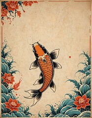 swimming koi with a border of Japanese style water and flowers on weathered paper