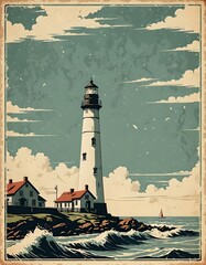 vintage lighthouse poster, coastal landscape, weathered paper