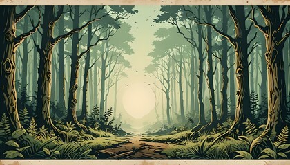 forest road landscape poster on weathered paper