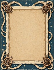 Ropes and ship's wheel nautical theme frame border on old paper