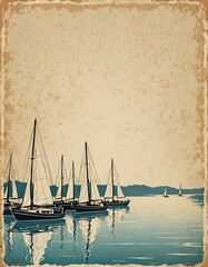 vintage illustration of sailboats on calm water, poster