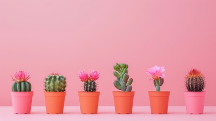 Row of potted flowering cacti against pink background - Five various cacti in orange pots bloom with pink flowers, set before a seamless pastel pink backdrop