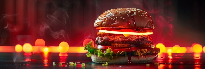 Sizzling Hamburger with Steam and Lights - Juicy hamburger with lettuce, cheese, and steam emanating, set against a backdrop of dramatic lighting and bokeh