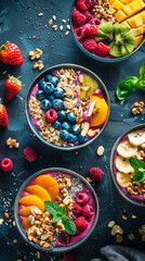 Acai and fruit bowls with vibrant toppings - Nutritious acai smoothie bowls topped with fresh fruits, nuts, and grains, served on a textured blue surface