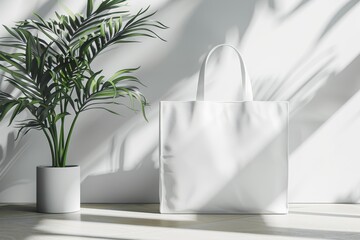 A white bag is sitting in front of a potted plant