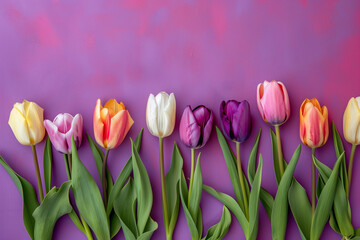 Copy-space of colorful tulips, an exquisite arrangement symbolizing the renewal of life and the spectrum of seasonal hues