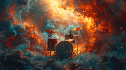 A drum set placed in the middle of a sky filled with clouds, creating a striking contrast. - obrazy, fototapety, plakaty