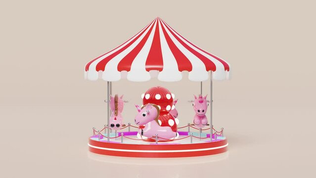 Carousel or merry go round with unicorn or horse isolated on pink background. 3d render illustration, alpha channel