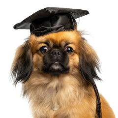 pekingese puppy dog with academic bachelor hat isolated on white background