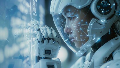 A female astronaut in a futuristic spacesuit with a HUD display on her helmet studies a transparent futuristic display.