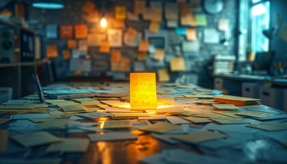A desk covered in post-it notes.