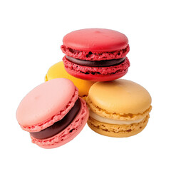 pile of color of macarons pink red yellow and creambrown on white background