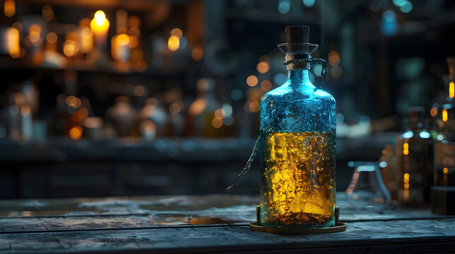 Enchanted Alchemical Elixir Bottle Glowing with Everlasting Vitality on Rustic Wooden Table