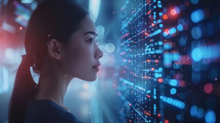 A beautiful young woman looking at a futuristic screen with glowing data.