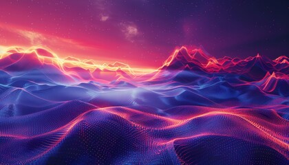 A beautiful landscape with a mountain range in the distance. The sky is a gradient of purple and pink, and there are stars and clouds in the sky. The mountains are covered in snow.