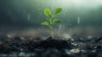 a small tree growing from divide mud with rain background