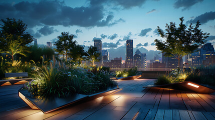 Greenery rooftop park against the backdrop of city skyline, Eco-friendly corporate building