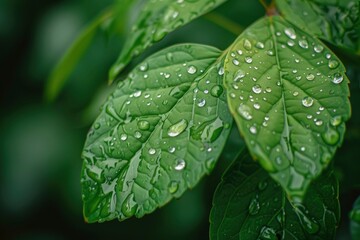 A leaf with water droplets on it. The droplets are small and scattered, giving the impression of a light rain. The leaf is green and he is fresh and healthy - generative ai
