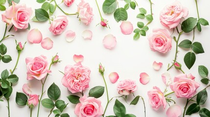 Pink roses and leaves in circular pattern on white background