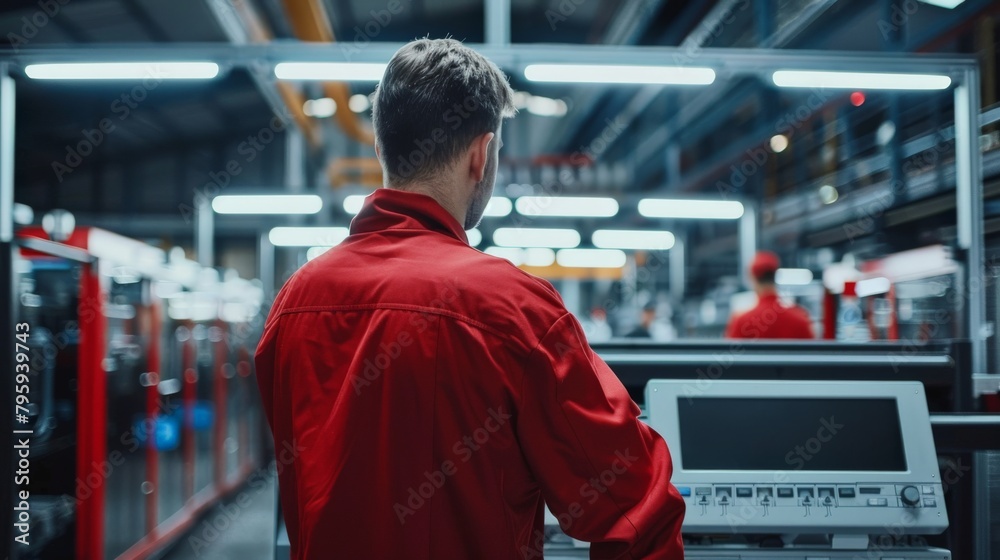 Wall mural a factory operator in red overalls supervising a production line enhanced with ai technology