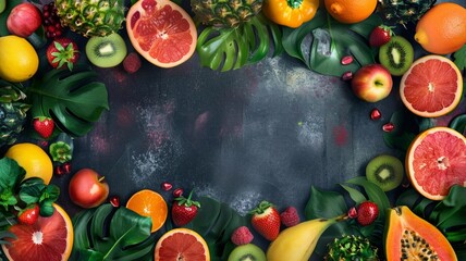 Colorful fruits border on black background - Vibrant, fresh assorted fruits beautifully arranged in a border on a dark backdrop, highlighting nature's candy in rich colors and textures