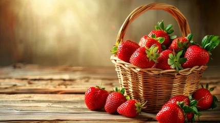 Gordijnen Close-up of strawberries in basket on wood table © 2rogan