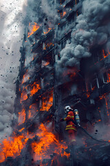 Heroic Firefighters Battling Structural Collapse Crisis in Intense Urban Blaze with Dramatic Cinematic Flair and Photographic