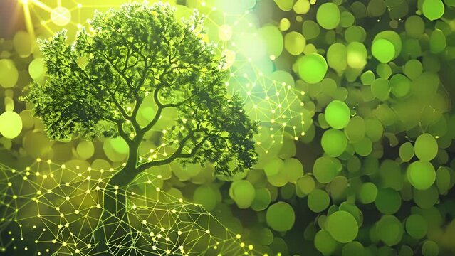 A digital graphic of a tree made up of intricate molecular structures depicting the natural origins of biodiesel as a renewable resource. .