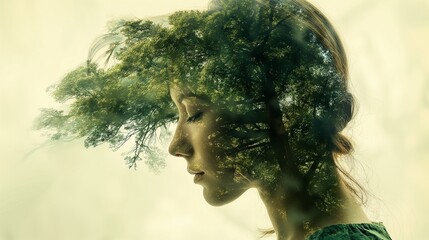 Double exposure with woman and tree, background, AI-generative