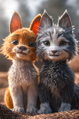Naklejka premium Mischievous Trio of Enchanting Creatures Disrupting a Synthetic Holographic World with Playful Antics