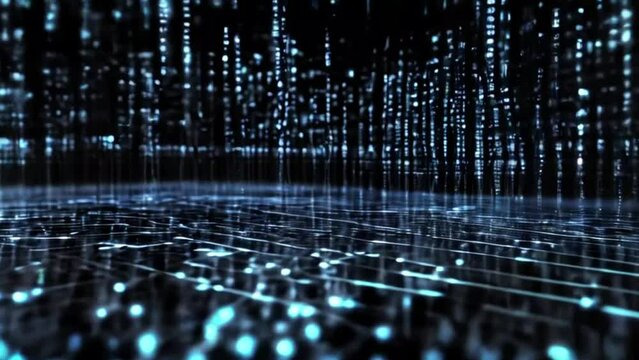 Digital binary code matrix background - 3D rendering of a scientific technology data binary code network conveying connectivity, complexity and data flood of modern digital age