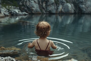 A young child joyfully splashes and plays in a body of water, fully immersed in the experience.