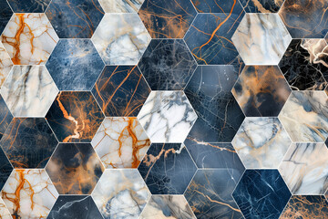 Variegated Marble Hex Tiles
 A rich collection of hexagonal tiles features diverse marble patterns with intricate gold veining, presenting a luxurious and detailed surface texture.