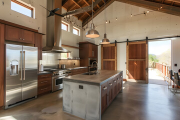 Fototapeta premium Contemporary modern kitchen interior in dark grey colors and concrete elements.