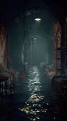 Submerged Passageway in Haunting Industrial Wasteland Shrouded in Darkness and Light
