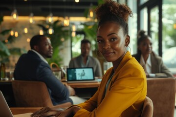 Portrait of a young African-American businesswoman sitting at a desk in a modern office.