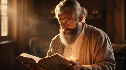 A man with a lengthy beard deeply engrossed in reading a book.