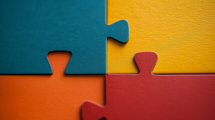 Macro shot of a jigsaw puzzle piece connecting with vibrant colored background