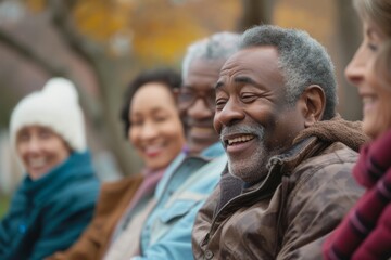 Group of multiethnic senior people sitting in the park and laughing