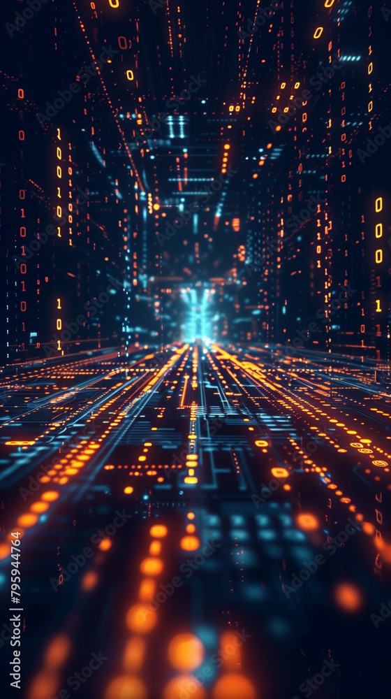 Poster futuristic cyber technology background featuring glowing circuit patterns or binary codes, modern cy